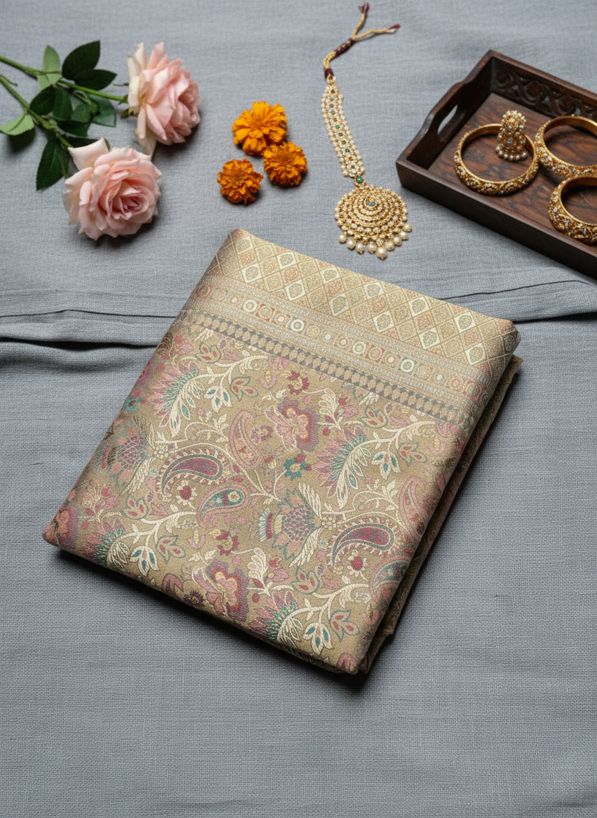 beautiful uncommon pure borcade saree with beautiful rosegold color jaal pattern