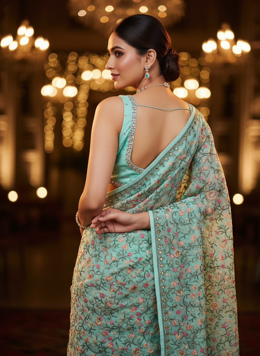 sea blue pure Chinon saree . all over interlock kashida work . and Swarovski  border.