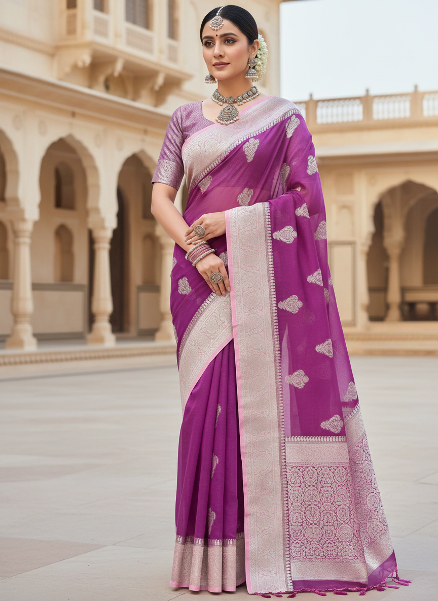elegant purple colour kora organza  banarasi saree with silver and baby pink border