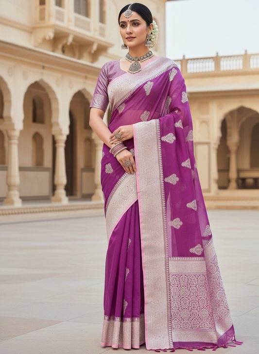 Elegant purple colour kora organza  banarasi saree with silver and baby pink border