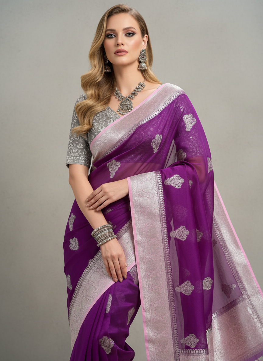elegant purple colour kora organza  banarasi saree with silver and baby pink border