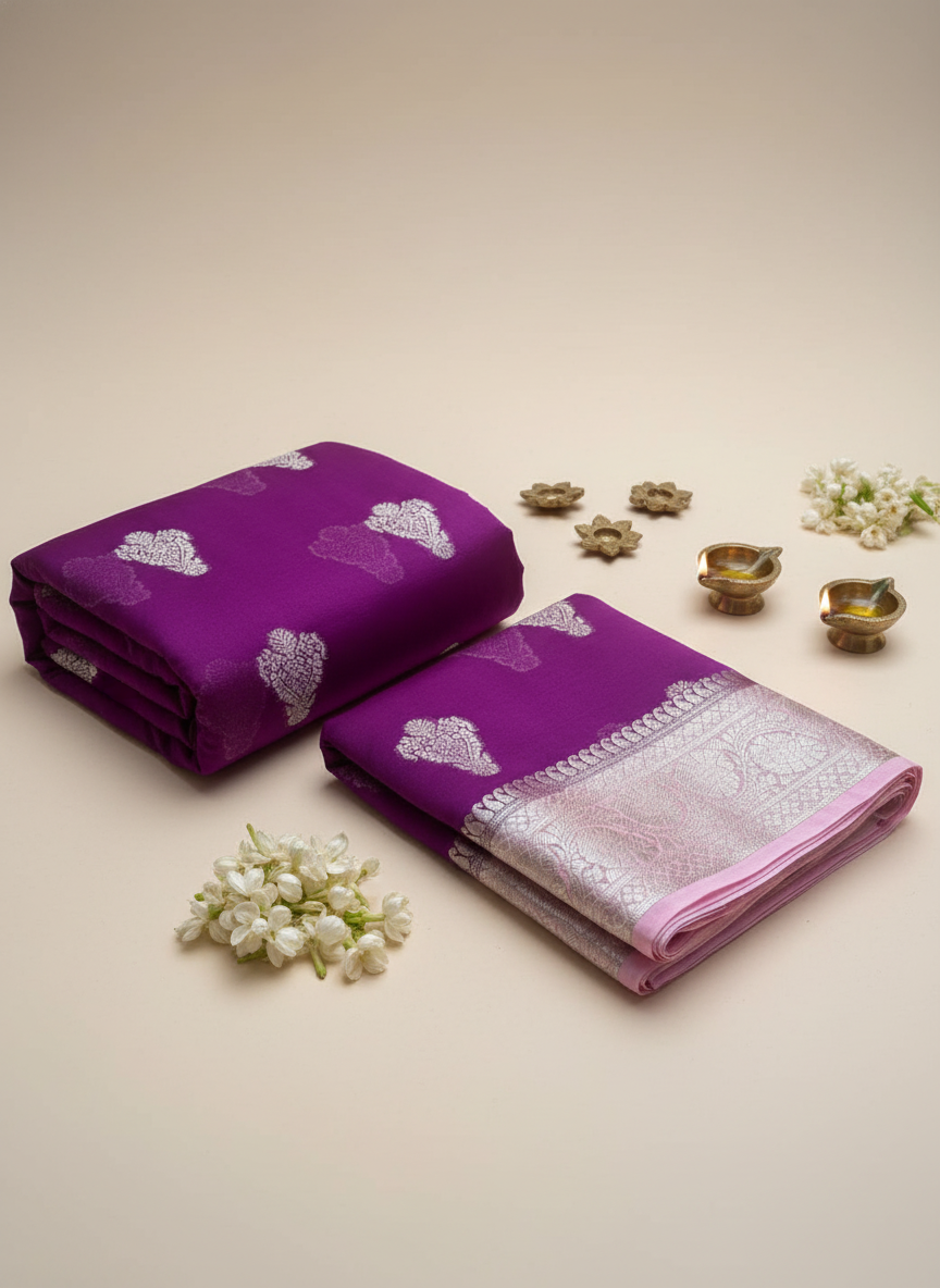 elegant purple colour kora organza  banarasi saree with silver and baby pink border