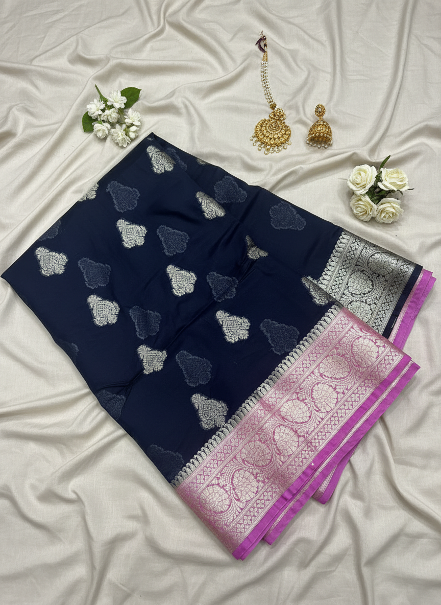 navy blue kora organza banarasi saree with lilac and silver color border