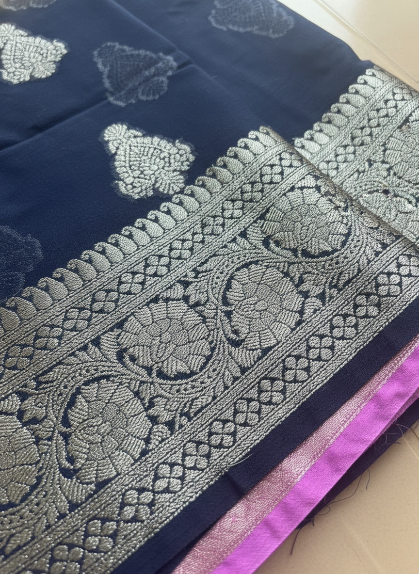 navy blue kora organza banarasi saree with lilac and silver color border