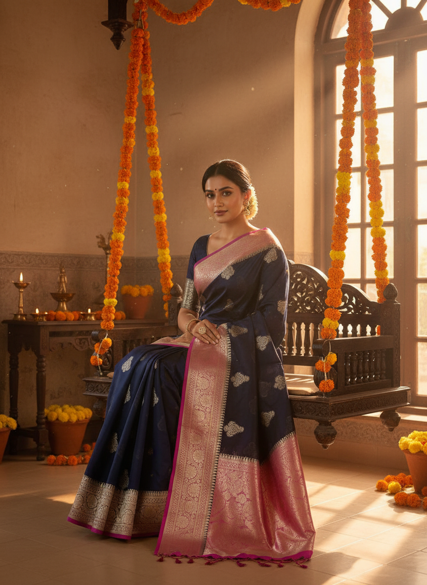 navy blue kora organza banarasi saree with lilac and silver color border