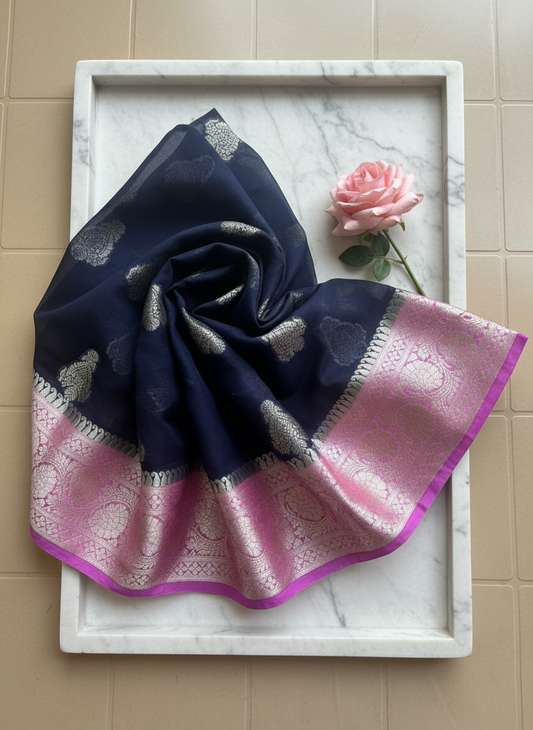 navy blue kora organza banarasi saree with lilac and silver color border