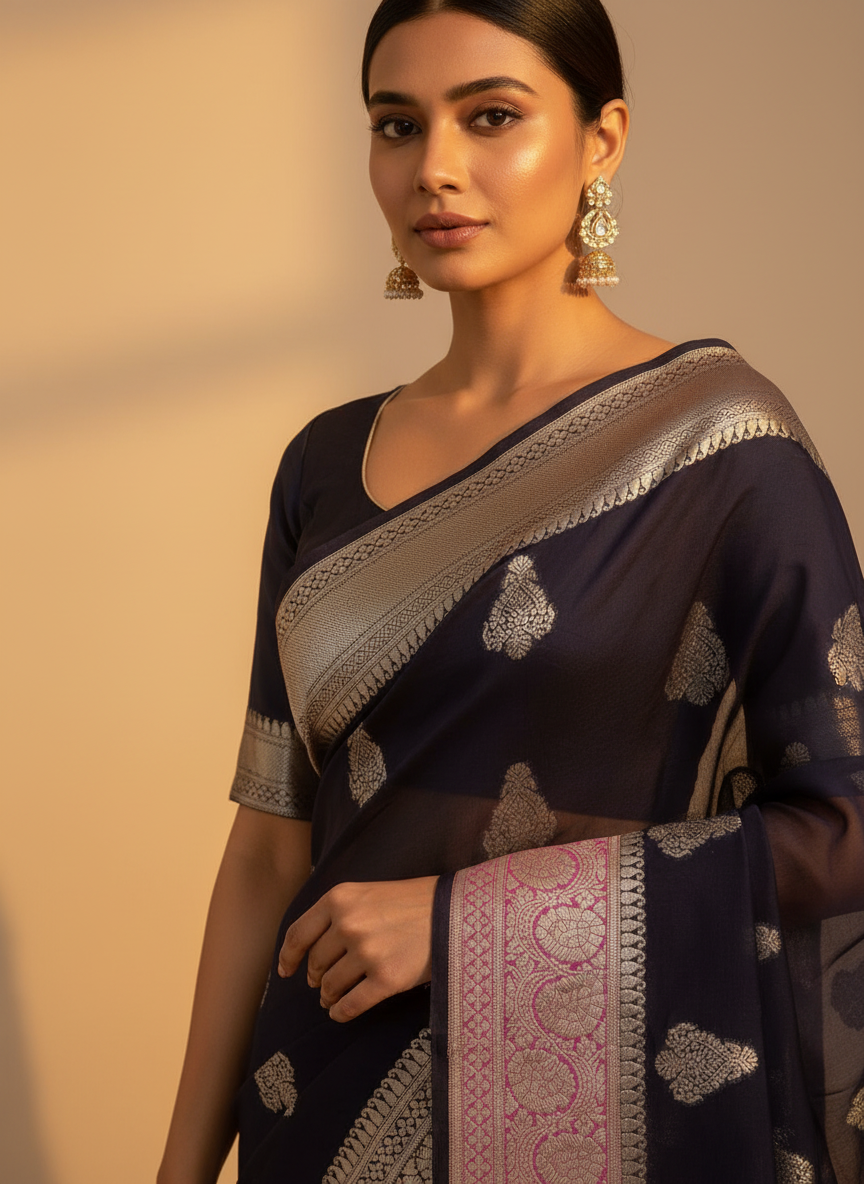 navy blue kora organza banarasi saree with lilac and silver color border