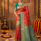 Saffron Orange Banarasi Silk Saree with Peacock Green Border and Golden Zari