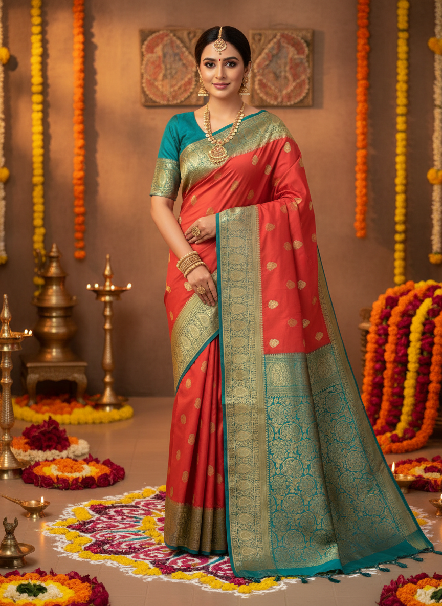 saffron orange color saree with peacock green color golden border. and golden motifs all over
