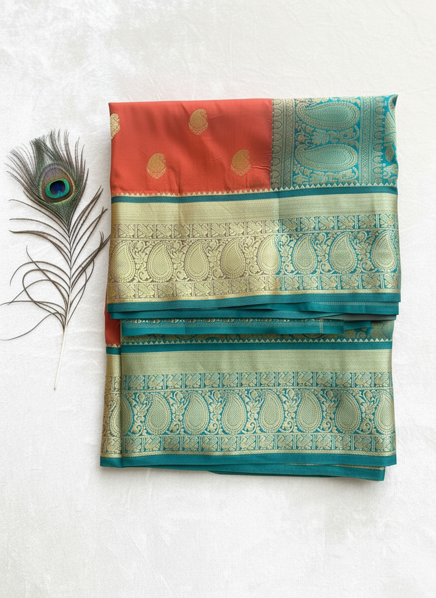 saffron orange color saree with peacock green color golden border. and golden motifs all over