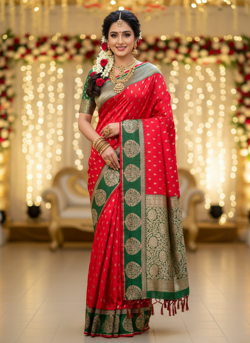 Dark red color soft silk saree with contrast border. with golden motifs.