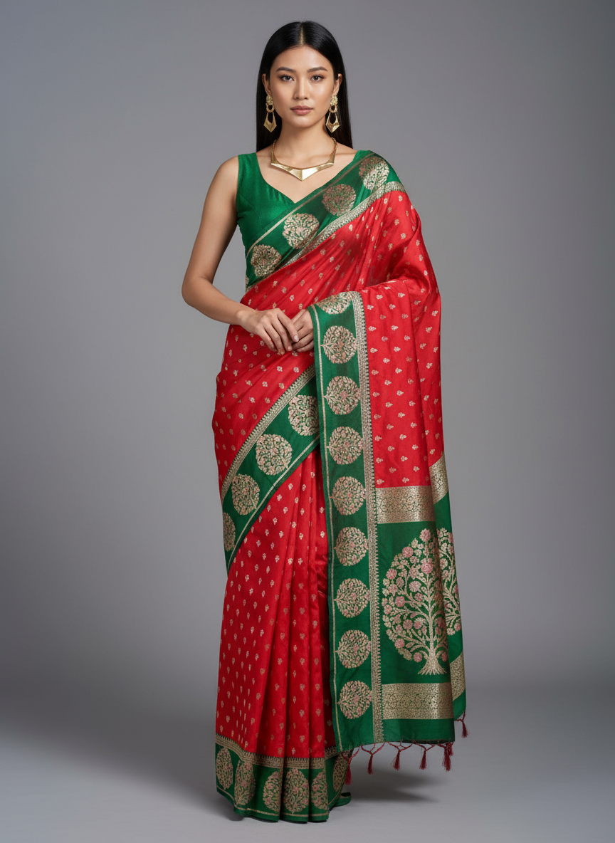 Dark red color soft silk saree with contrast border. with golden motifs.