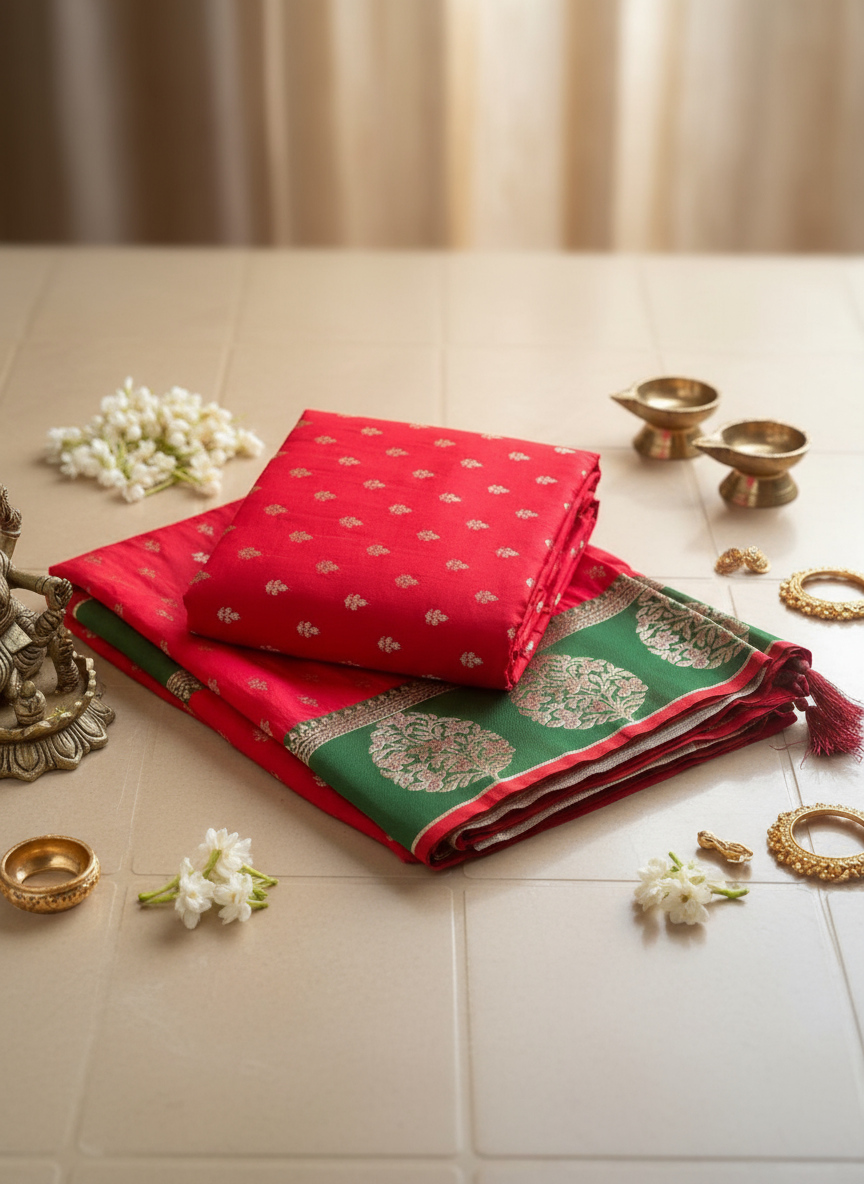 Dark red color soft silk saree with contrast border. with golden motifs.