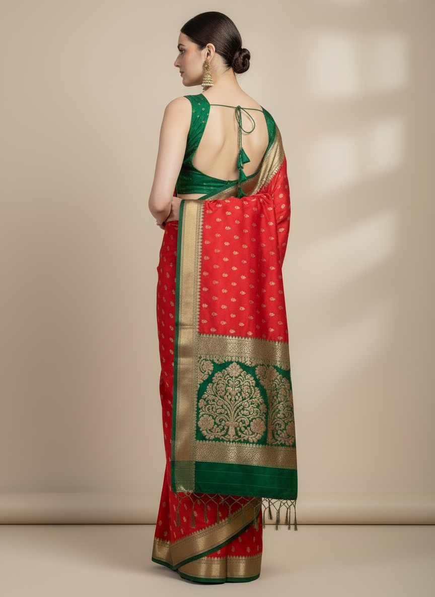 Dark red color soft silk saree with contrast border. with golden motifs.