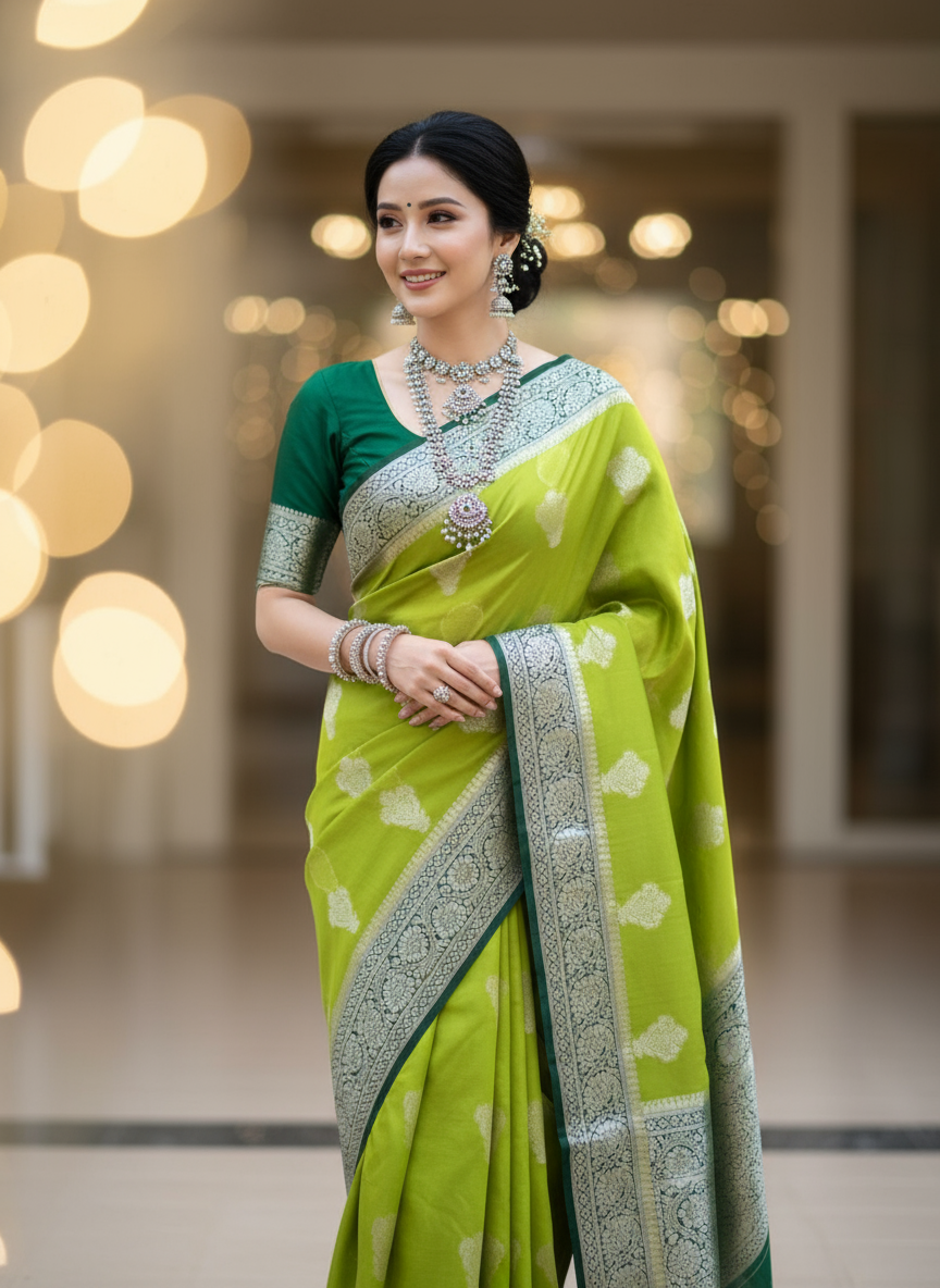 banarasi semi organza saree mehandi green color and border bottle green color