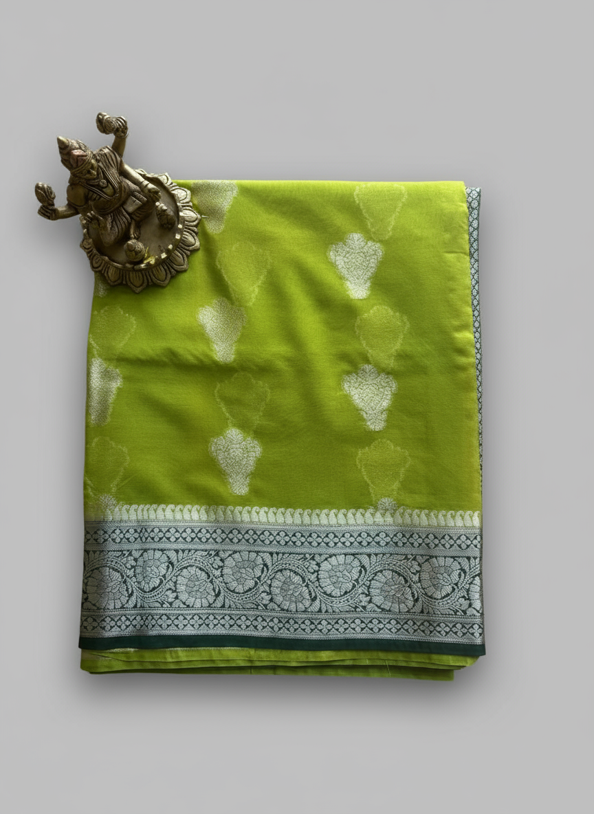 banarasi semi organza saree mehandi green color and border bottle green color