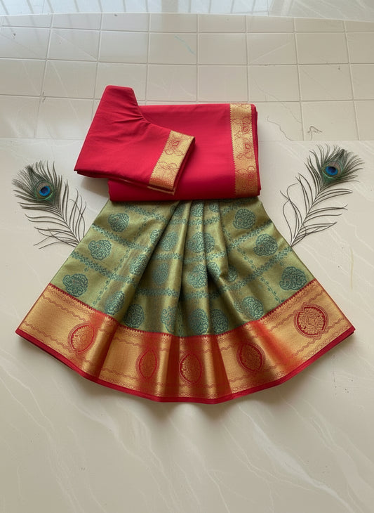green and red pure brocade saree for wedding season