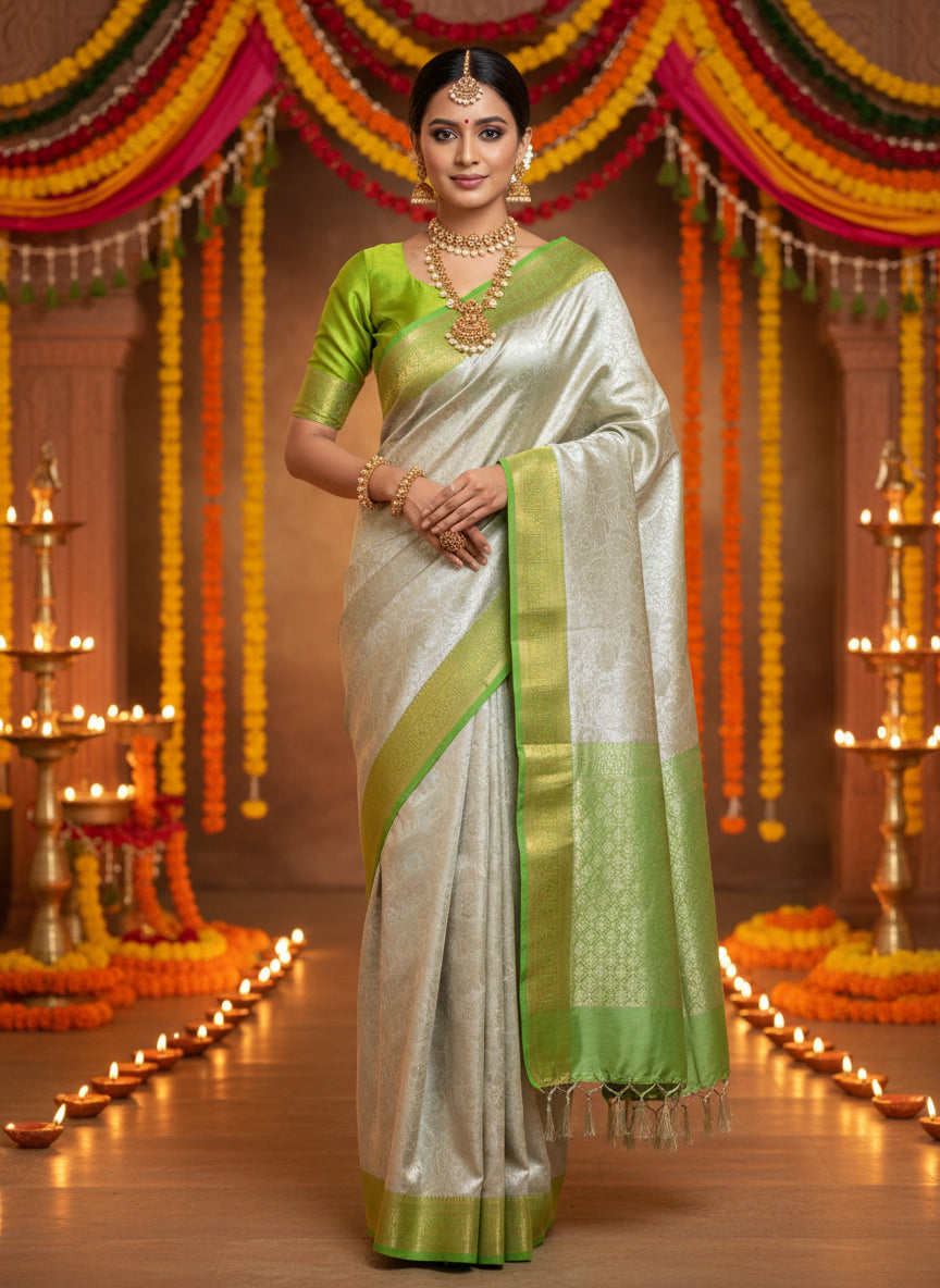 silver tissue saree all over self design