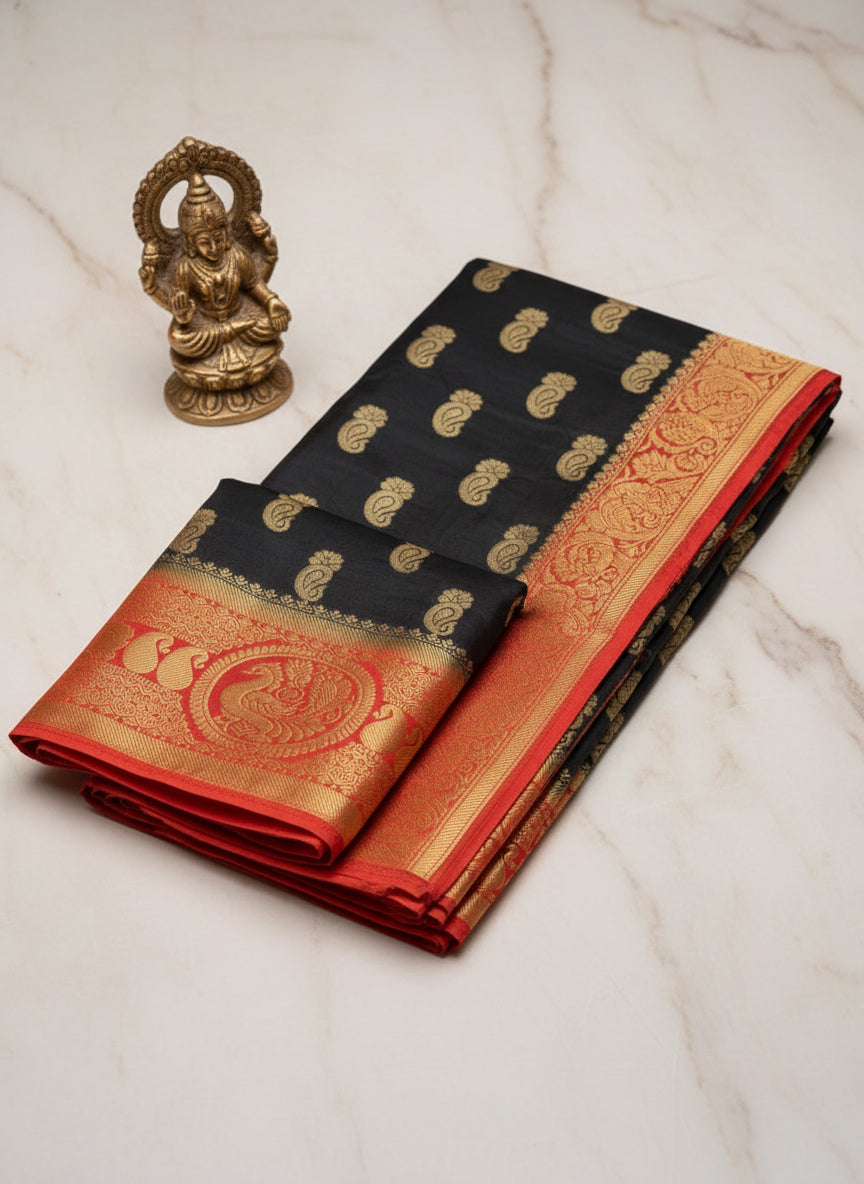 black goergette saree with golden motifs and orange border