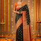 Black goergette saree with golden motifs and orange border