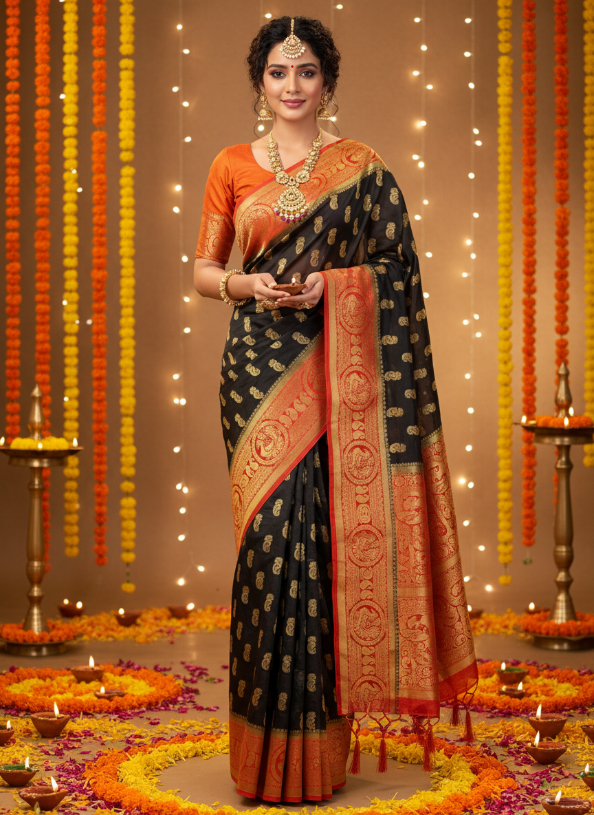 black goergette saree with golden motifs and orange border