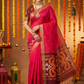 Ikkat cotton red saree with contrast pallu