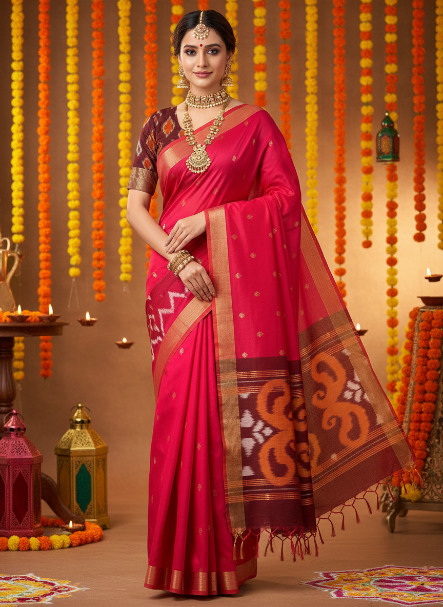 ikkat cotton red saree with contrast pallu