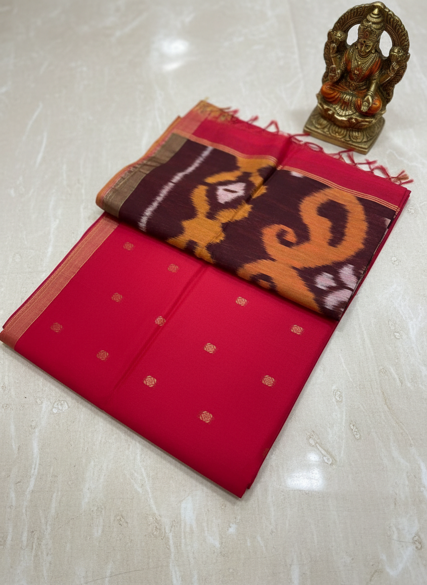 ikkat cotton red saree with contrast pallu