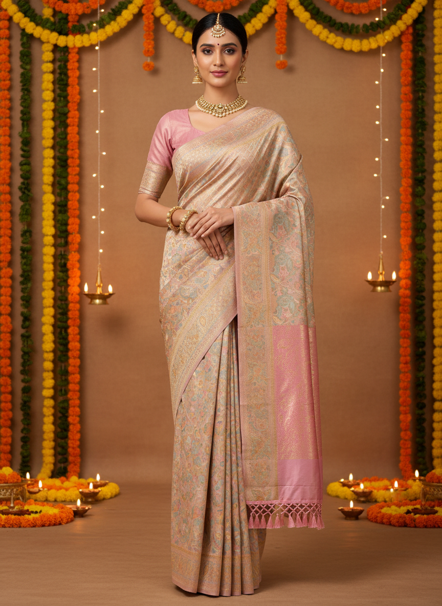 pastel  pink nude brocade saree