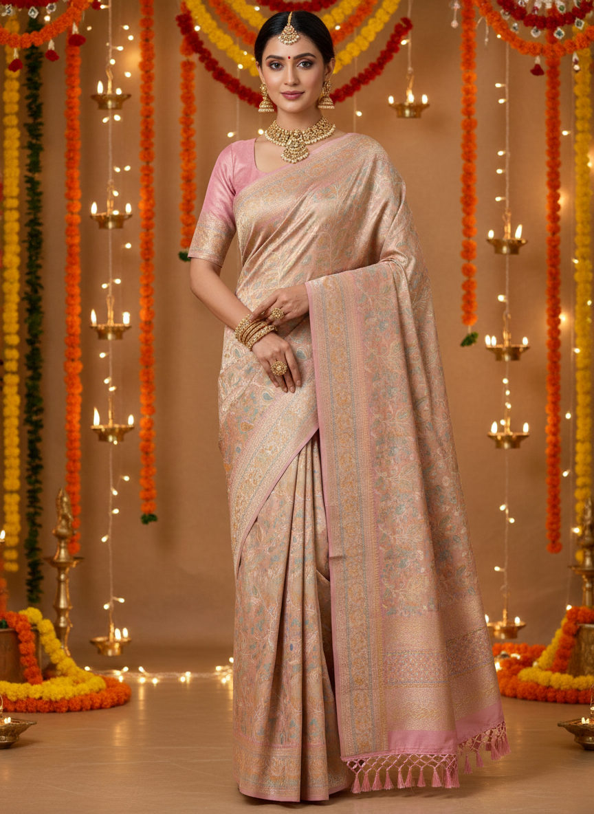 pure brocade pastel lilac color Jaal pattern  nude golden color rose gold zari work