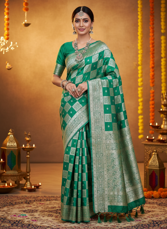 soft silk Rama color checks saree silver zari