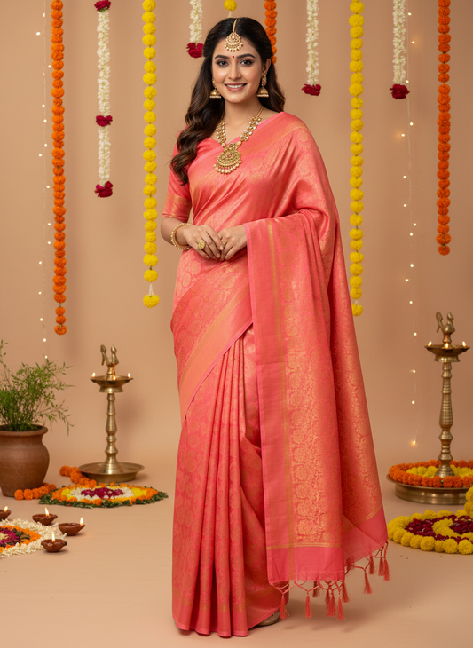 maysour silk coral pink color saree with golden zari work