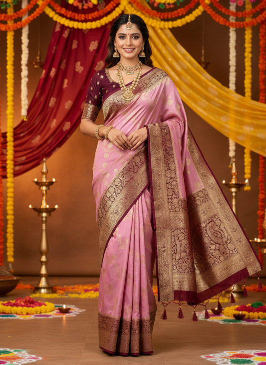 soft silk lilac color banarasi silk saree with rose gold zari.