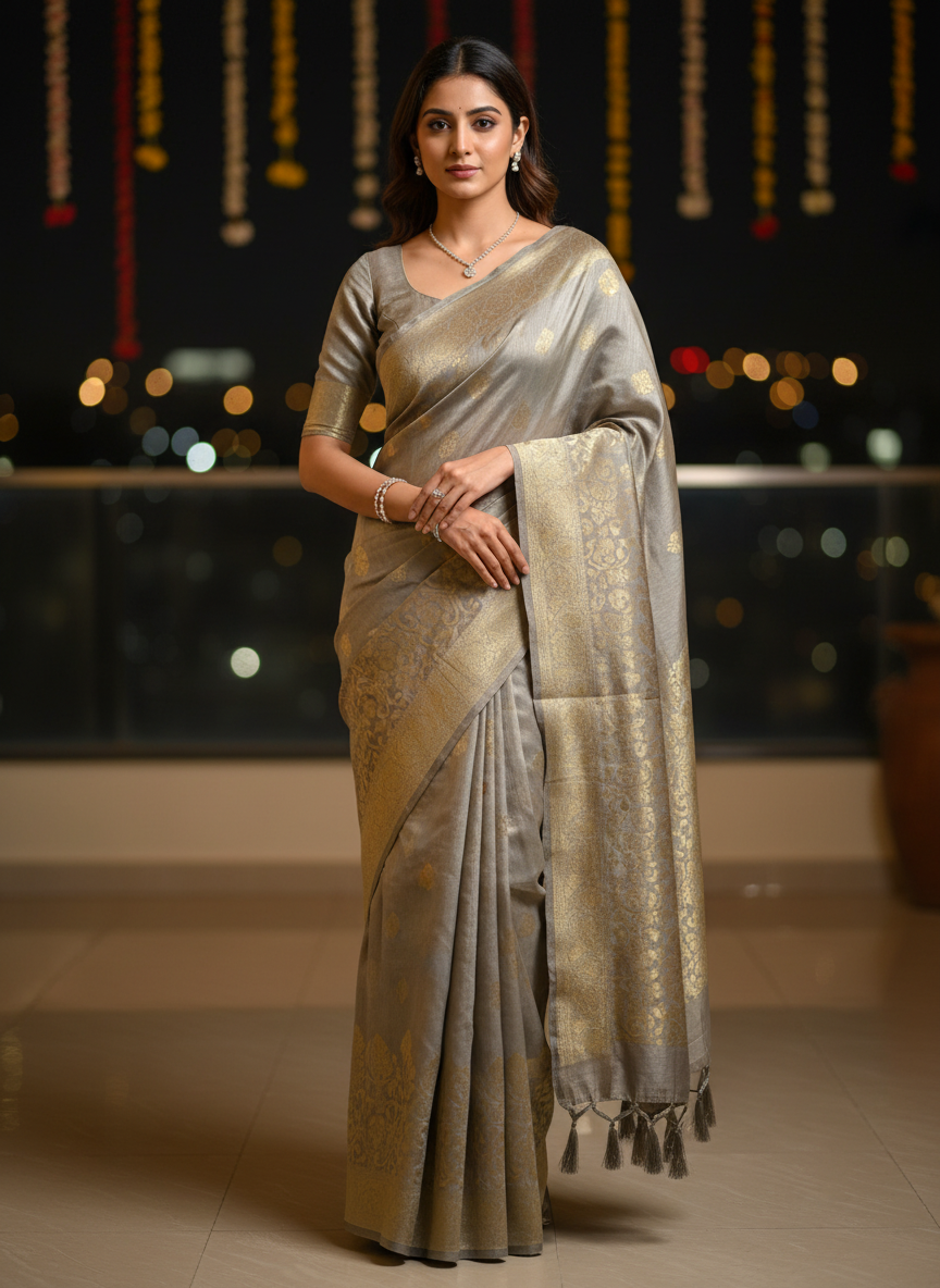 dola silk greyish- beige saree with golden zari . piping finish for saree border