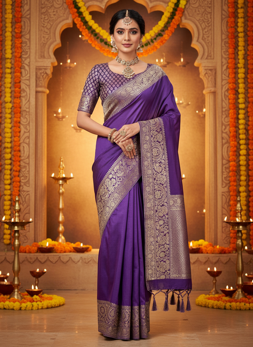 Dola silk Royal Purple color golden zari saree with piping finish