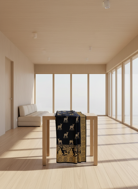 soft silk black saree with golden zari deer design