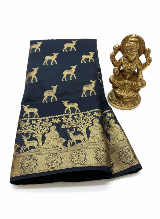 Black semi silk saree with golden zari