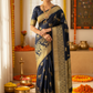 Soft silk black saree with golden zari deer design