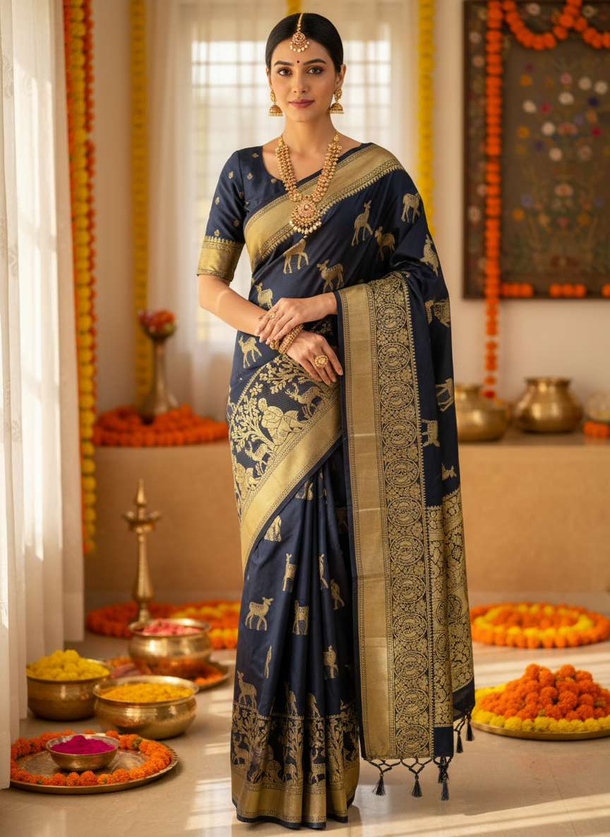 soft silk black saree with golden zari deer design