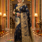 Soft silk black saree with golden zari deer design