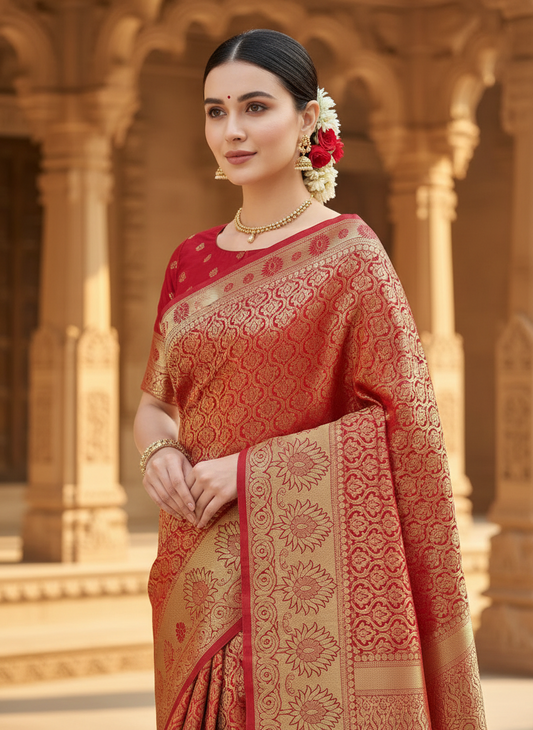 red brocade saree with golden Zari work