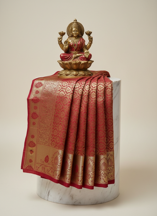 Red brocade saree with golden Zari work