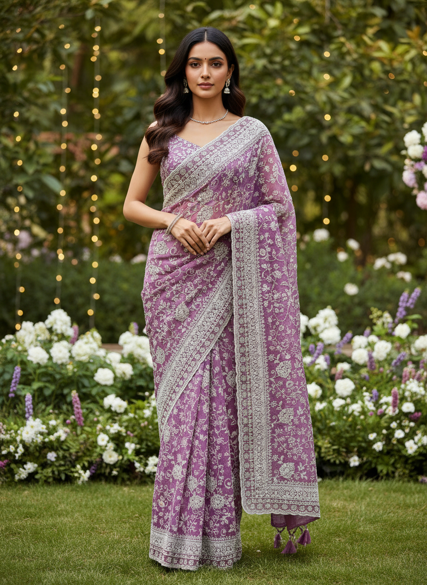pure chinon pastel lilac color with chikankari  and stone work