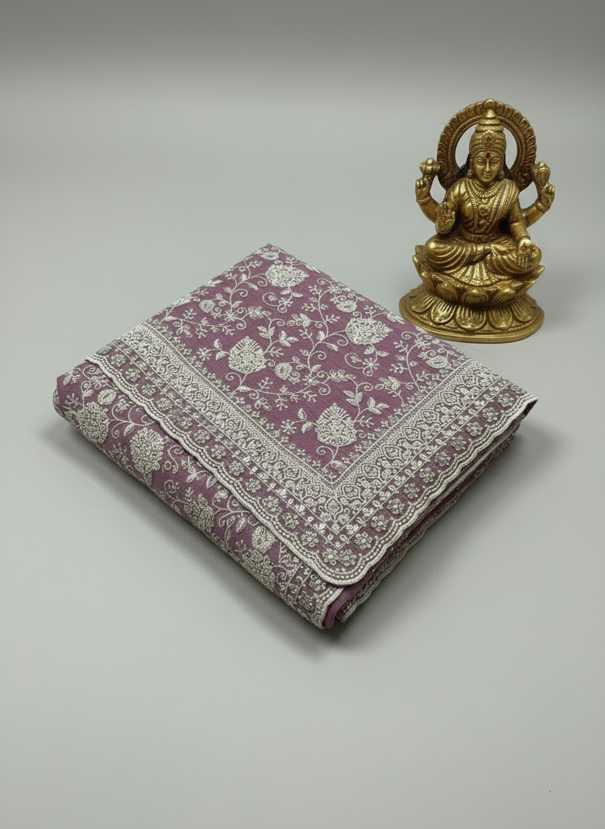 pure chinon pastel lilac color with chikankari  and stone work