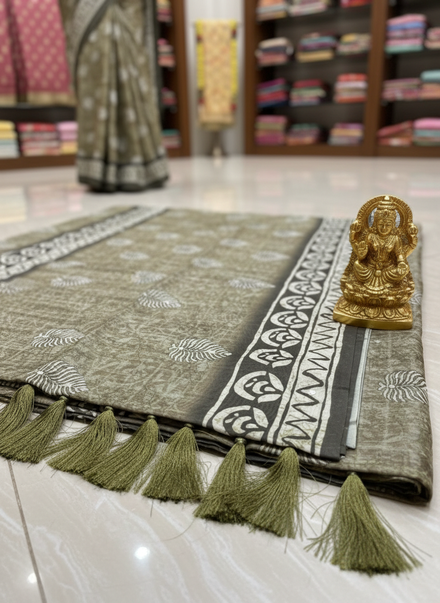 green color chanderi cottion saree with thread work and mirror work