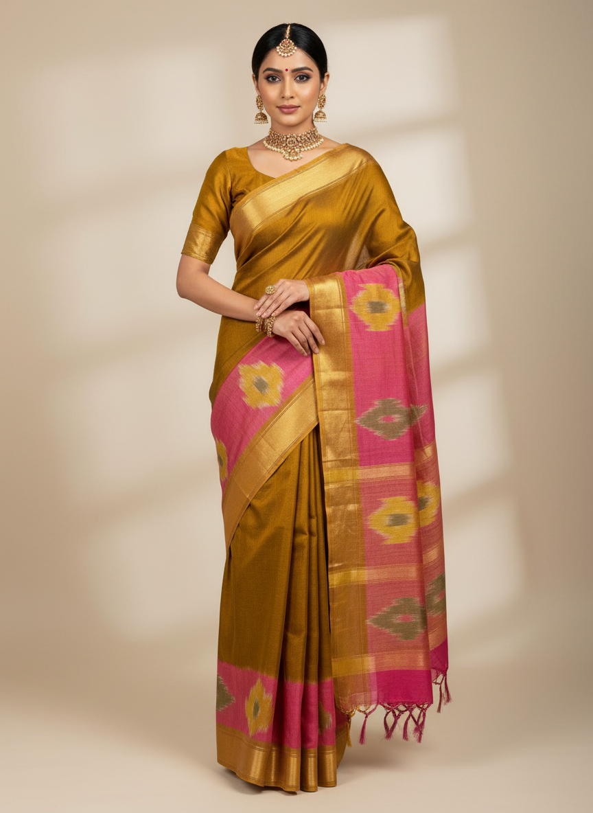 Traditional saree with a yellow and pink pattern on a tiled floor
