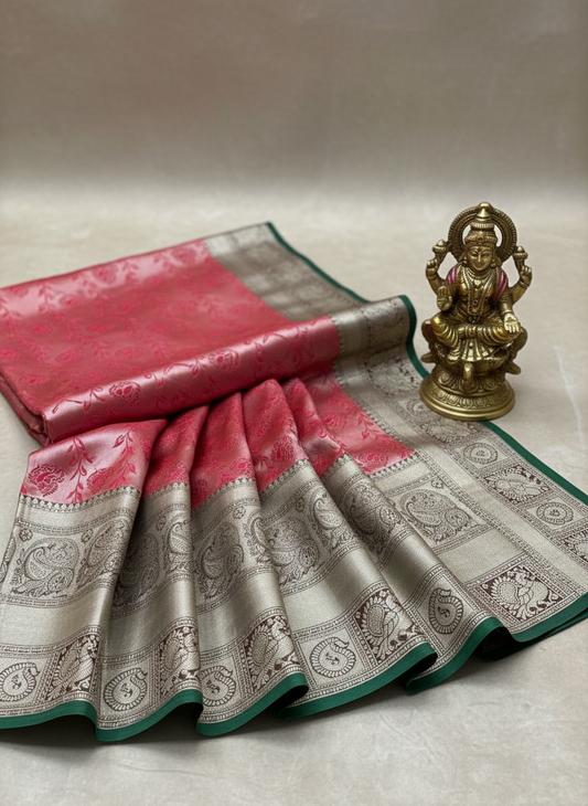 Red pure brocade saree jaal pattern with contrast geen border.goden zari work