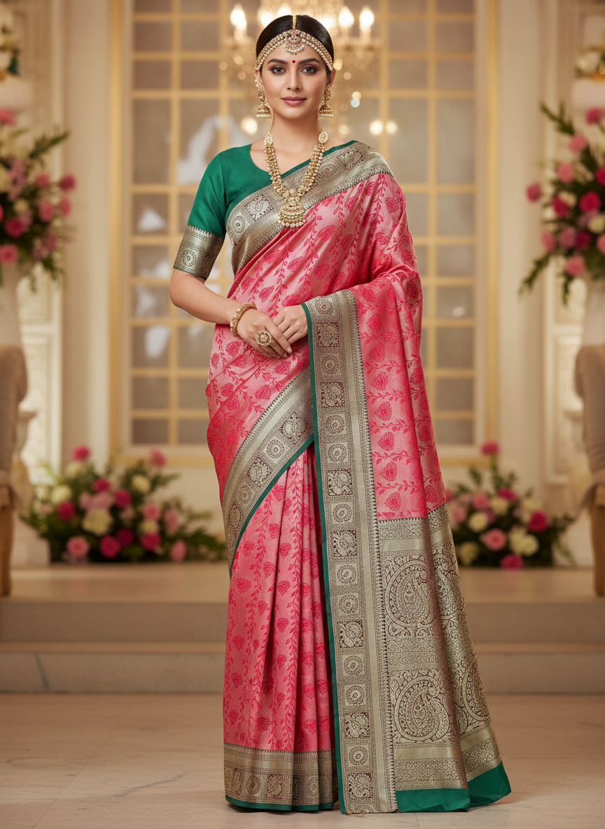 red pure brocade saree jaal pattern with contrast geen border.goden zari work