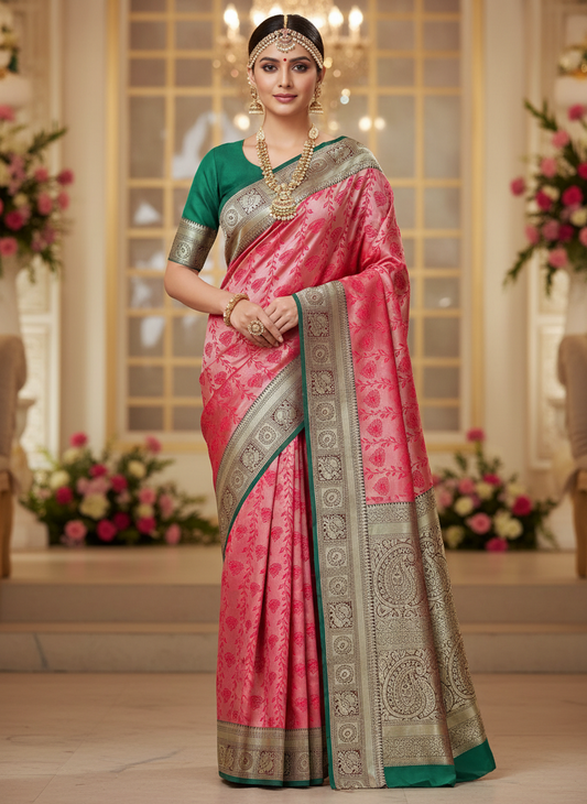 red pure brocade saree jaal pattern with contrast geen border.goden zari work