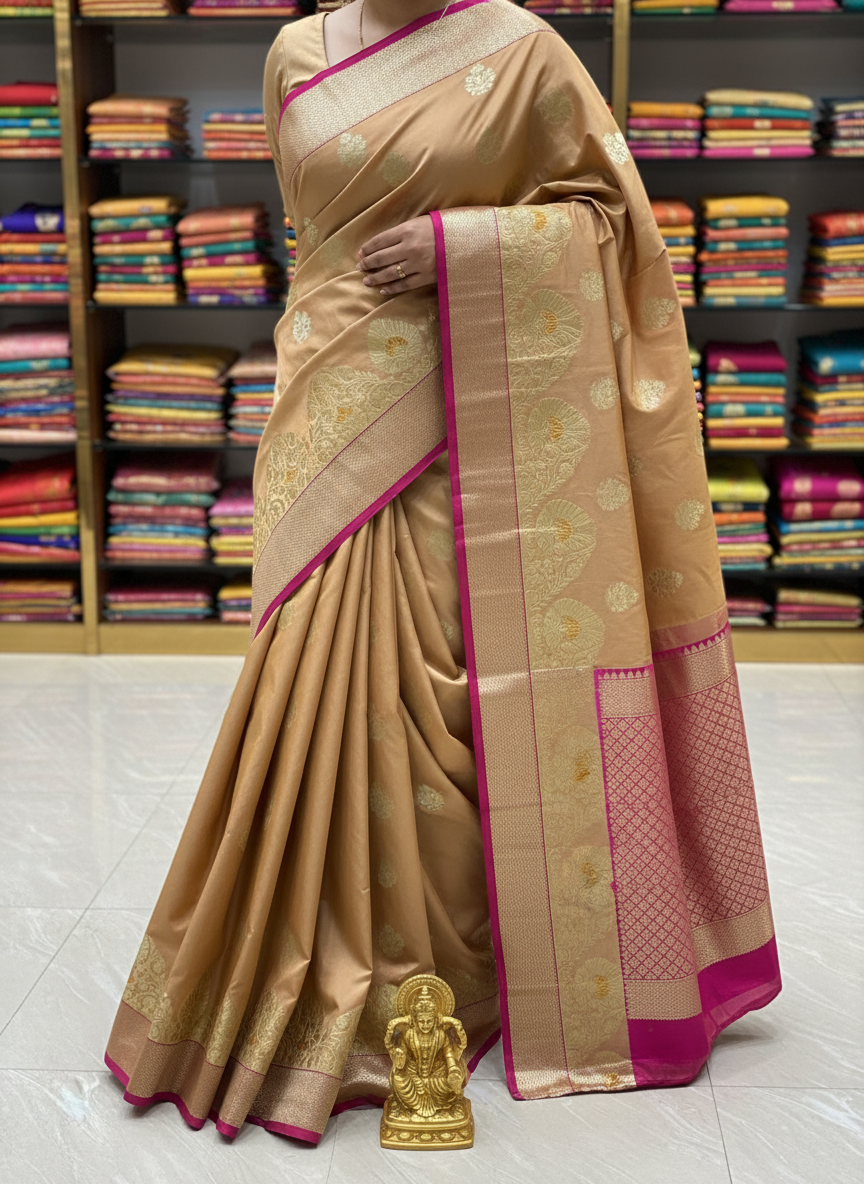 chikoo color gadwal silk saree with golden zari work contrast rani color  border